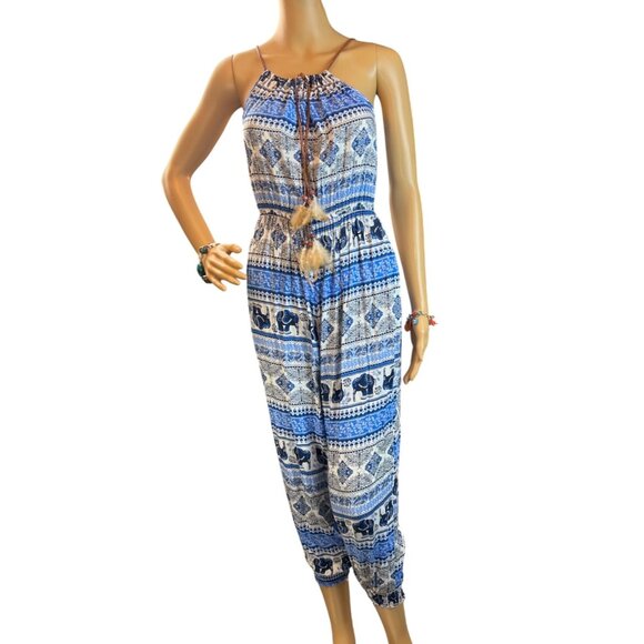 Pants - Feather Tassel Boho Elephant Print Halter Jumpsuit in Blue/White Size Small